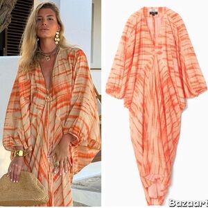 COS x Tabata Shibori | Silk Orange Printed Oversized Kaftan Dress EU:40